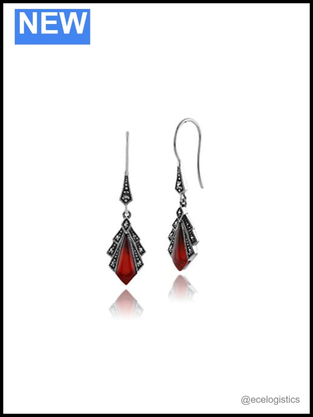 925 Sterling Silver Carnelian Marcasite Art Deco Drop Earrings